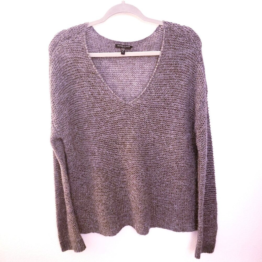 Eileen Fisher Open Weave Nylon/Wool Blend Metalic Threads Grey Sweater Size PL E